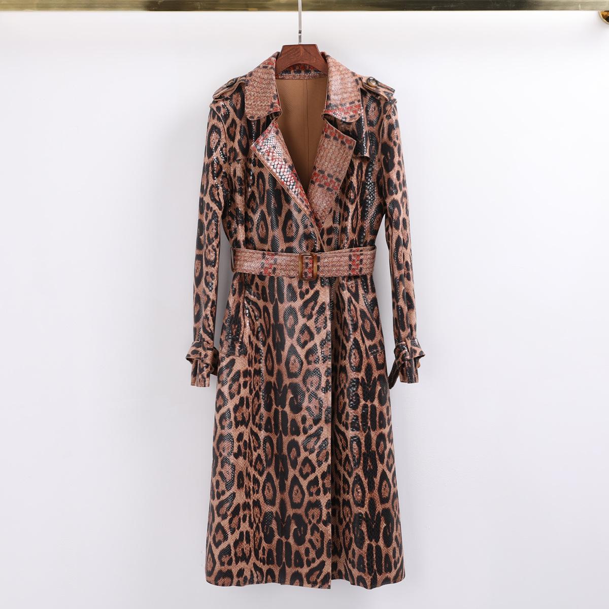 Cross-border spring and autumn snakeskin leopard print long trench coat Muse long-sleeved leather jacket women s coat S