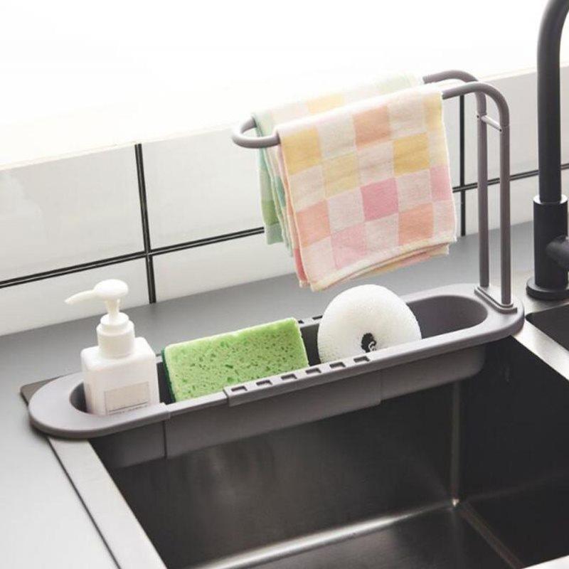 Kitchen Telescopic Sink Drain Rack Sink Dish Towels Soap Sponge Storage Basket