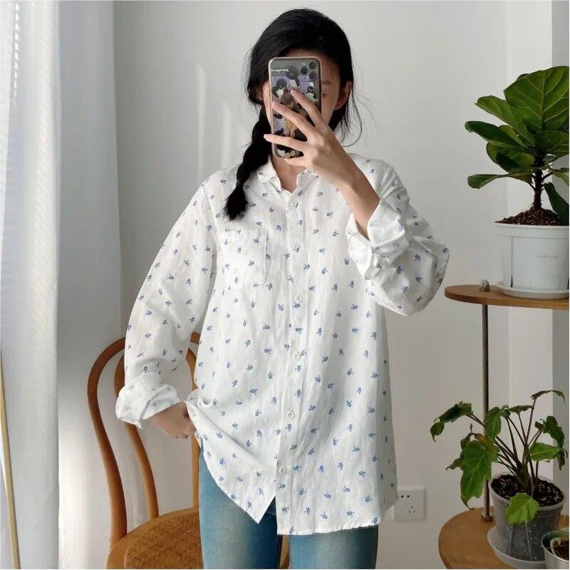 Johnature Damen Tops Shirts Sommer Umlegekragen Vintage Casual Print Umlegekragen Locker All Match Einfache Tops