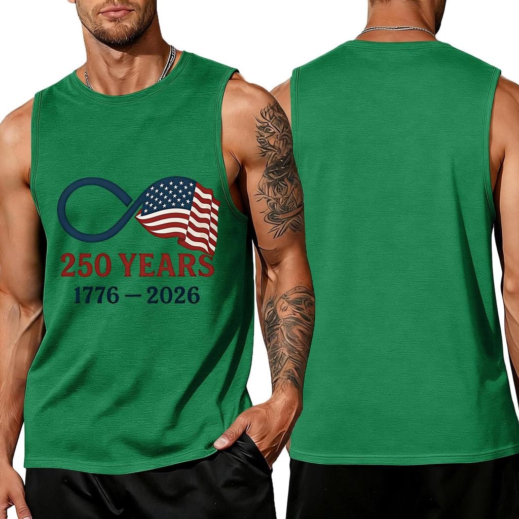 Men's Sleeveless Crew Neck Tank Top with Flag Print 250 Years Anniversary Athletic Fit Shirt