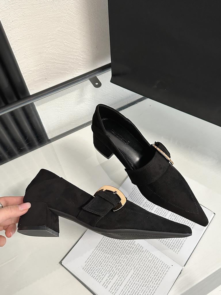 fashion Pointed Toe Women Pumps Shallow Slip On Flat Mid Heeled Belt Buckle Slip On Thick Heels Flcok/PU/Lycra Office Pumps Shoes 35-39