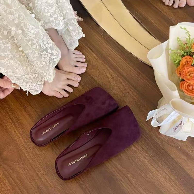 Baotou Half Slippers Women's 2025 Spring Autumn New Style Small Square Head Shallow Mouth Velvet Soft Bottom Fashion Flat Shoes