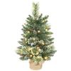 60 cm Prelit Small Christmas Tree, Snow Flocked Tabletop Mini Xmas Tree with 35 LED Lights, Pine Cones and Linen Cover Base, Battery Operated, Green