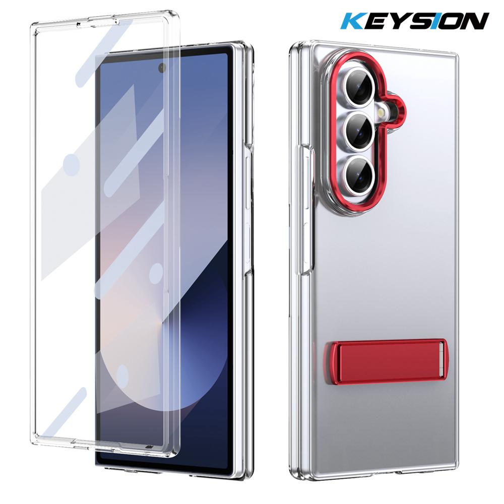 KEYSION Transparent Case for Samsung Galaxy Z Fold 7 Hard PC Metal Kickstand Shockproof Phone Cover with Glass Screen Protector