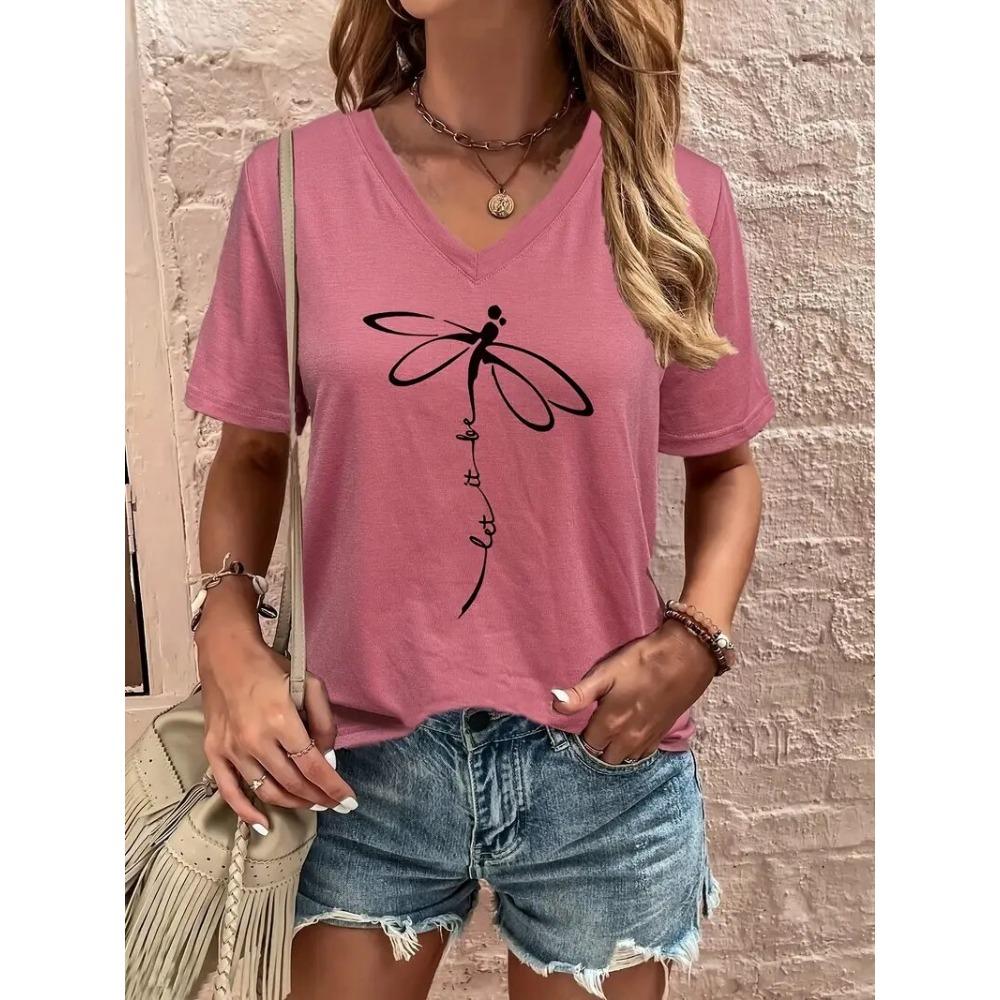 Floral Print V-neck T-shirt Summer Fashion Casual Blouse Street Fashion Oversized Women's Clothing