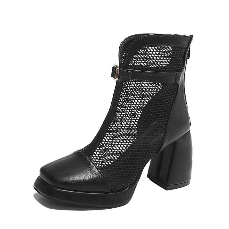 2025 Mesh Women's Boots Breathable Square Toe Back Zip Chunky Heels Ankle Sandals Boots Elegant Buckle Modern Boots