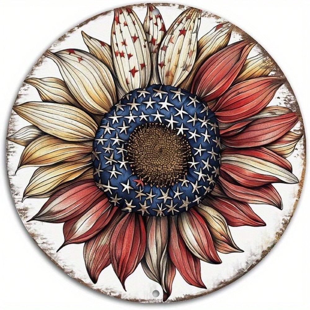 Vintage USA Flag Sunflower Tin Sign Wall Art Home Decor 8x8 Inch