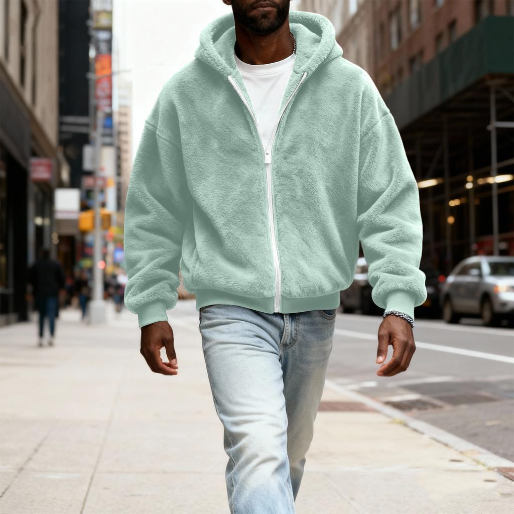 Herr Fuzzy Zip Hoodie Sweatshirt Plyschjacka med dragkedja med huva för