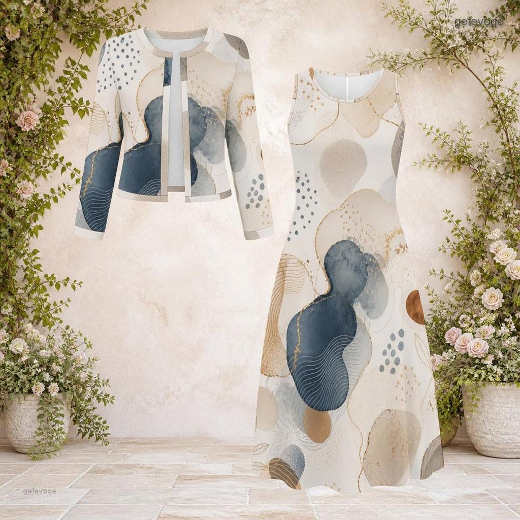 Women Plus Size Printed Round Neck Long Sleeve Cropped Cardigan Sleeveless Midi Dress Two Piece Set