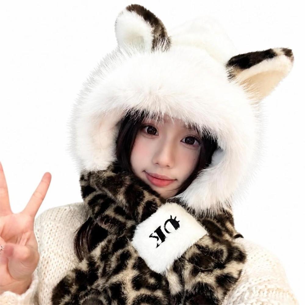 Thick Warm Lining Fox Ear Hat Scarf Faux Fur Plush Winter Scarf Hooded Scarf Set  Cold Weather