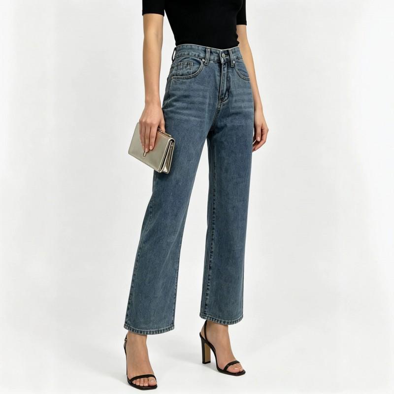 Womens Low Rise Wide Leg Straight Jeans Retro Blue Heart Leopard Casual Denim Pants
