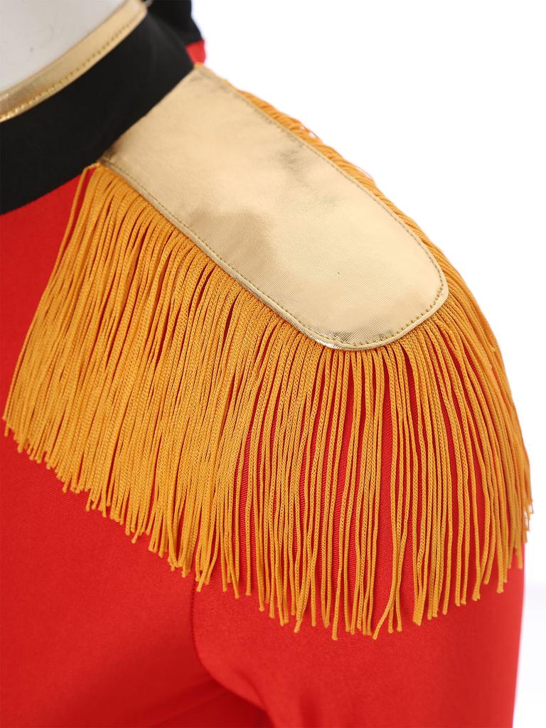 Complete Circus Ringmaster Halloween Costume for Women S-3XL: Fringe Shoulder Jumpsuit with Gold Trim, Contrast Bodysuit