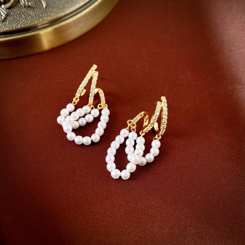 Retro Double Layer Pearl Tassel Stud Earrings - Real Gold Plated Fashion for Women