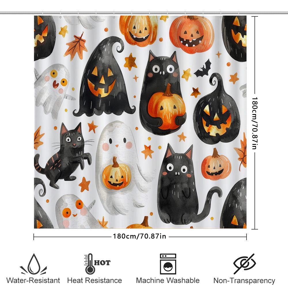 Halloween-Themed Shower Curtain Featuring Black Cats, Pumpkins, Ghosts, And Bats Perfect For A Spooky Bathroom Decor!