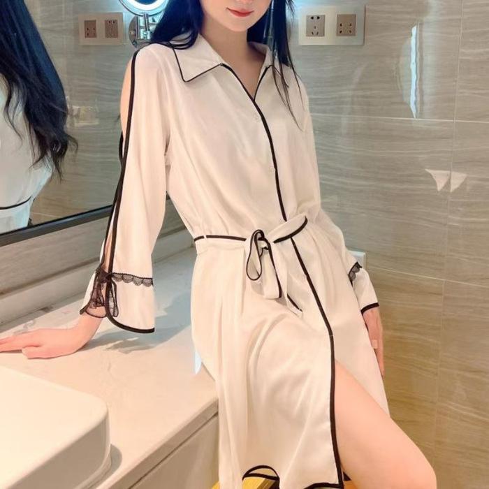 

Classic explosion heavy industry nightgown women s pajamas spring and summer cardigan lapel lace strap off-the-shoulder hollow nightgown M size【 37.5-50kg 】