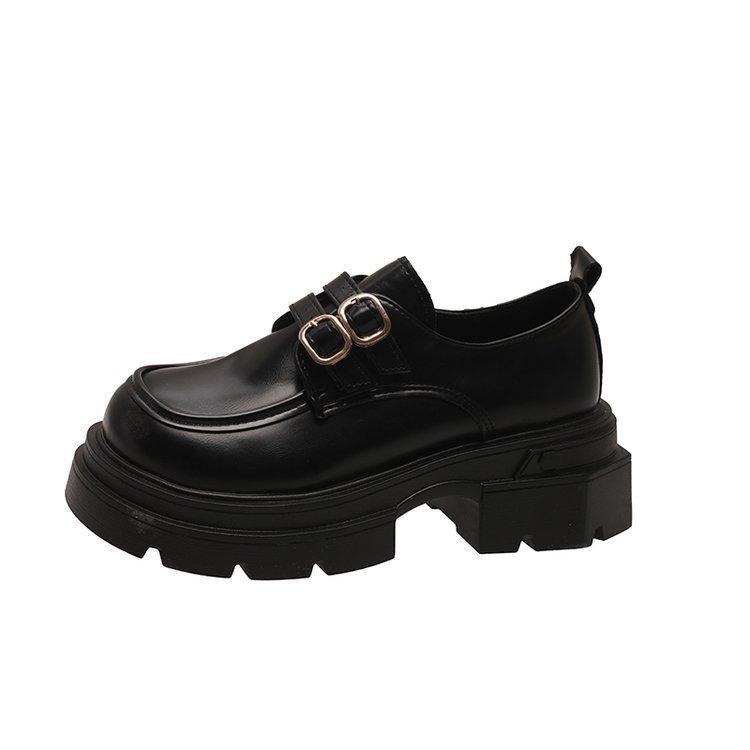Chunky Heeled Small Leather Shoes Female Fall Black Casual Wild One Foot Stirrups Le Fu Shoes