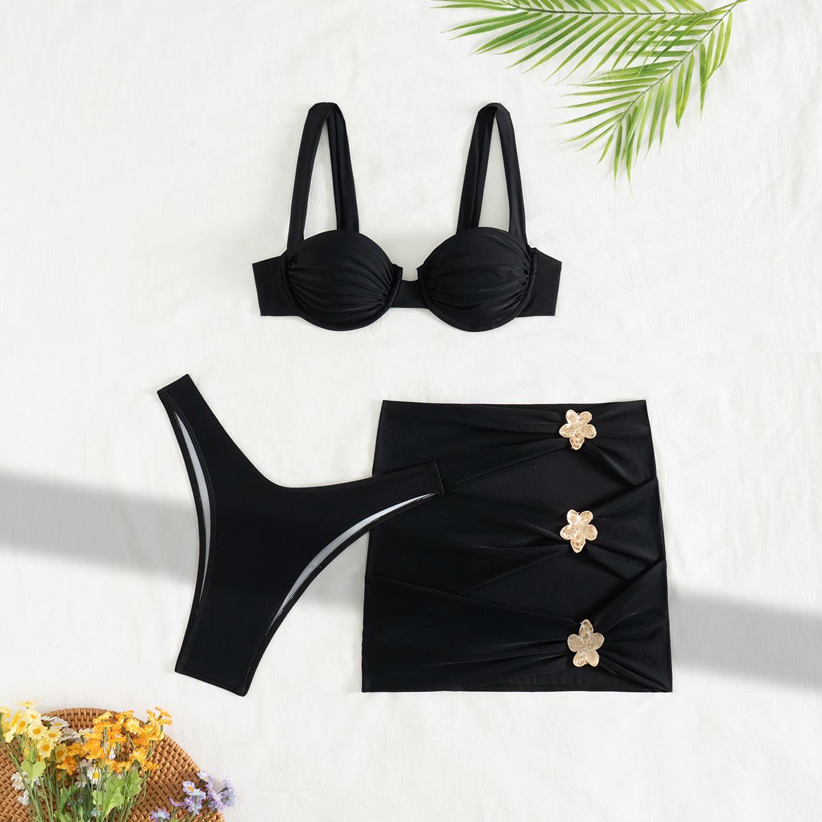 New Short Skirt Three-Piece Split Bikini Swimsuit Solid Color Swimsuit Women S