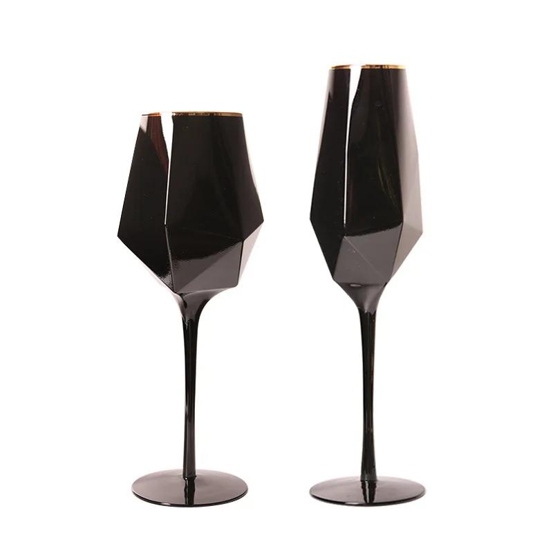 Pure Black Crystal Red Wine Glass with Golden Edge Luxury Simple Goblet For Special Room Champagne Glasses Kitchen Utensils