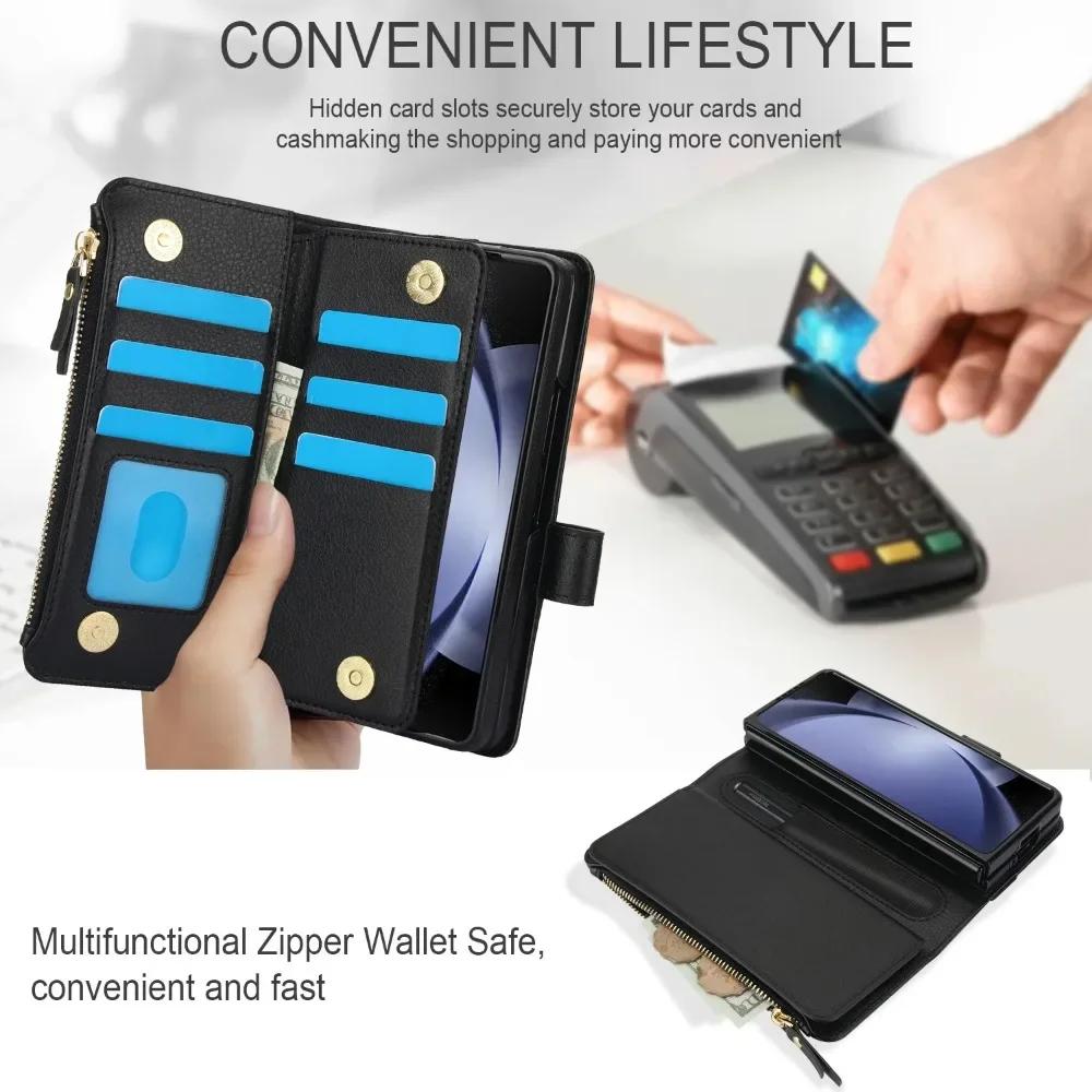Crossbody Lanyard Leather Phone Case for Samsung Galaxy Z Fold 3 4 5 6 7 with Wristband Wallet Card Holder Protective Cover