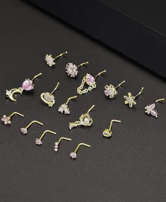 16Pcs Nose Rings L Shaped Nose Stud Stainless Steel Butterfly Flower Dangle Nose Stud Ring Body Piercing Jewelry 20G Pink CZ