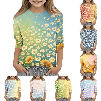Kids Floral Print Round Neck Three Quarter Sleeve Casual T Shirt Soft Lightweight Fabric Comfortable Fit Suitable for Everyday Wear