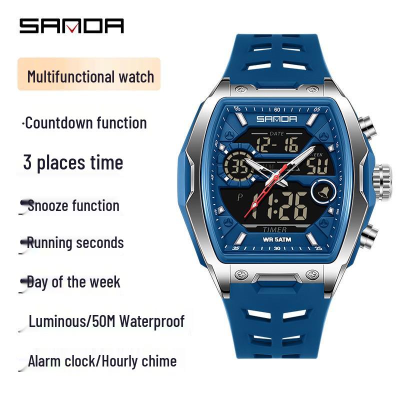 Sanda Dual-Movement Barrel Watch: Luminous Alarm, Large Dial, Multifunctional Student Watch.