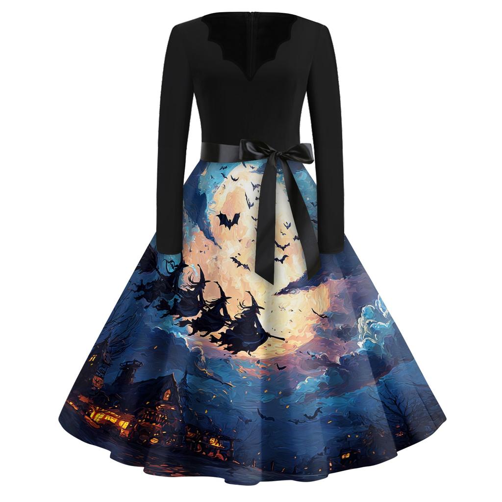 Womens Vintage Halloween Print Dress V Neck Long Sleeve Casual Retro Style Midi Dress with Waist Tie Belt