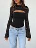 Women's Lace Long Sleeve Going Out Tops Sexy Y2K Crew Neck Cutout Double Lined Slim Night Out Shirts