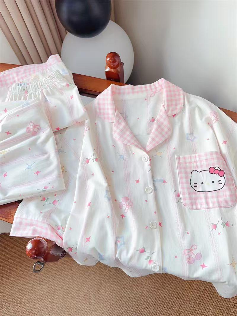 Cute fashion selection Cute pink plaid Hello Kitty pajamas women s ins summer new loungewear suit S [recommended weight 40-47.5kg]