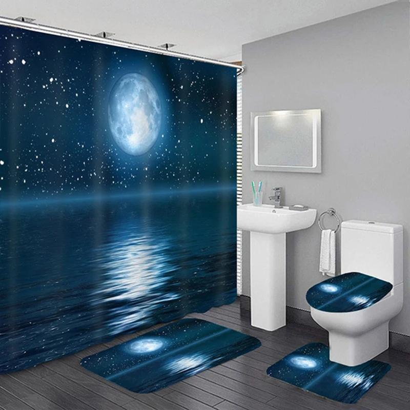 Wasserdichte Duschvorhang-Sets Mit Teppichen Mondlicht Meereslandschaft Badteppich Und Matten Haken Toilettensitzbezug Badezimmerdekoration