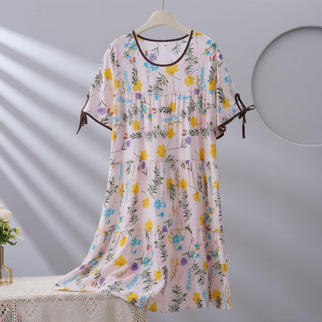 Spot new women's cotton silk spring, summer and autumn thin loose cake nightgown simple and comfortable loungewear