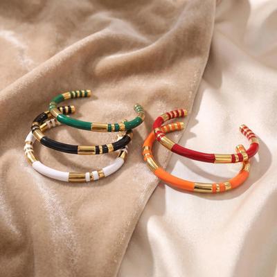 Chunky Enamel Bamboo Bracelet for Women Colorful Design Open Bangle Gold Color Stainless Steel Banquet Aesthetics Jewelry Gifts