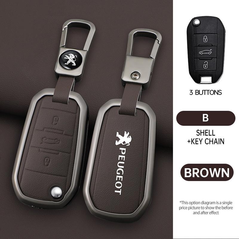Alloy Leather Car Key Case Bag Cover Shell Holder For Peugeot 208 308 408 508 2008 K3008 4008 5008 Protector Keychain Accessories