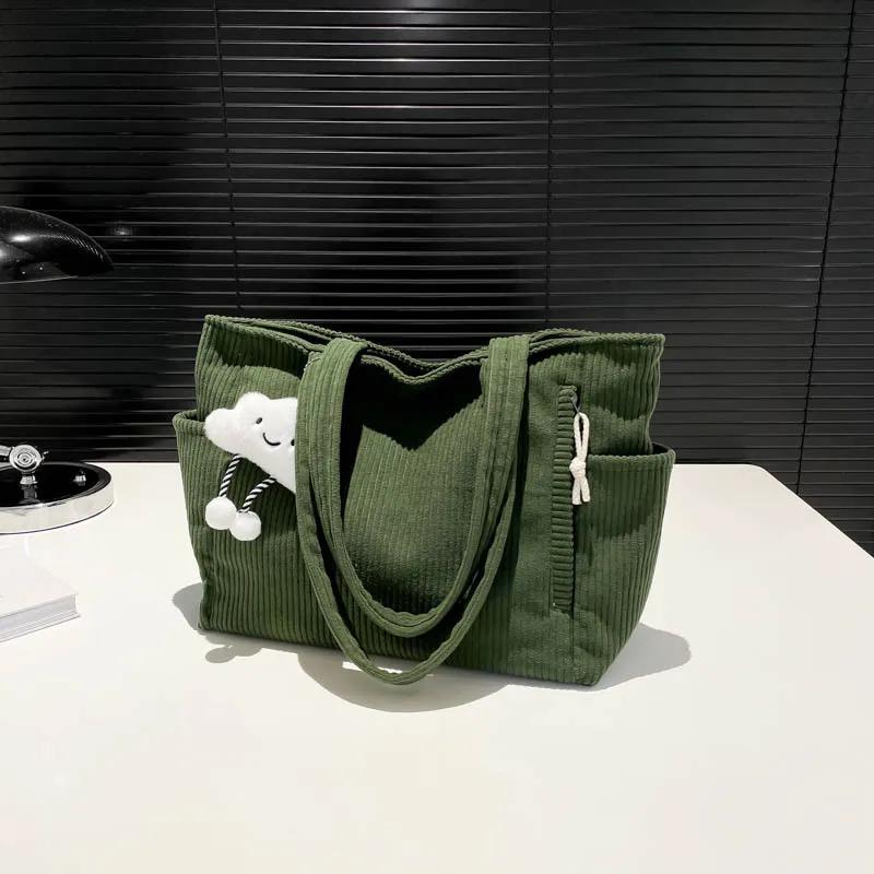 Large Capacity Women's Casual Tote Bag Vintage Corduroy Ladies Shoulder Bags Solid Color Female Portable Shopping Handbags
