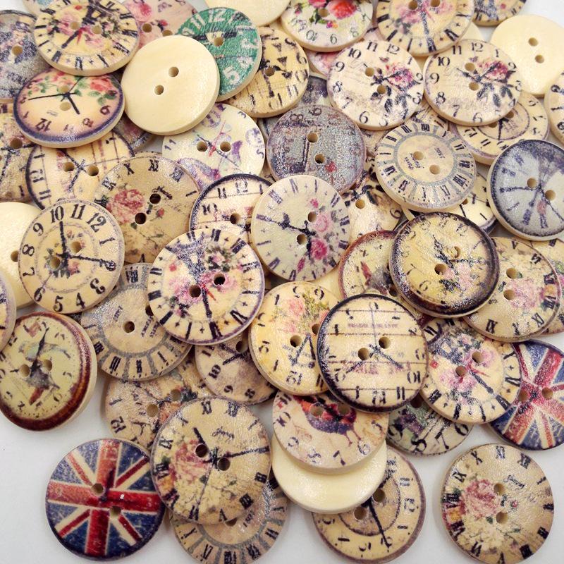 50Pcs Mixed DIY Retro Clock Wooden Scrapbooking Buttons Cartoon Sewingl Craft