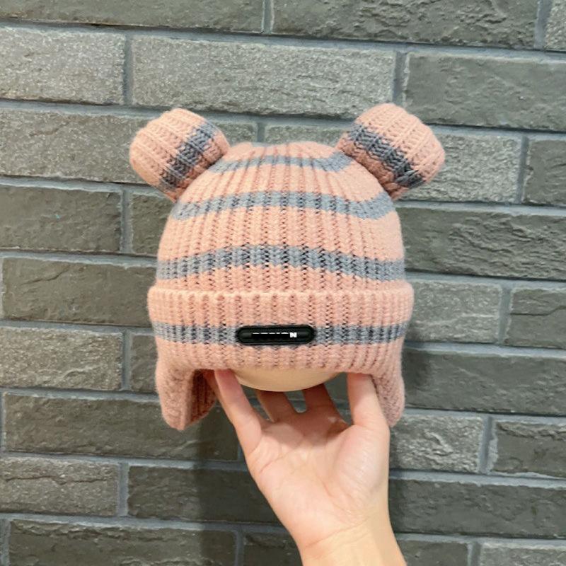 Baby hat autumn and winter striped ear hat cartoon children's warm fleece baby pullover knitted wool hat