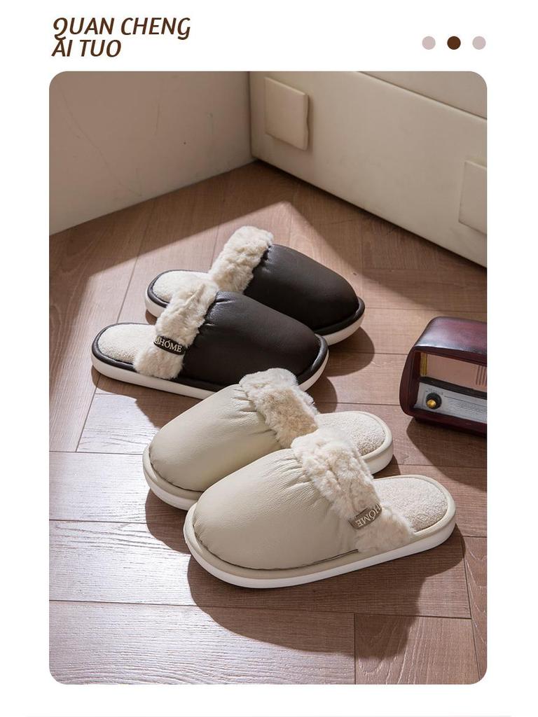 Women's & Men's Waterproof PU Leather Fur Slippers: Non-Slip, Warm, Indoor Cotton with Soft Sole for Autumn & Winter