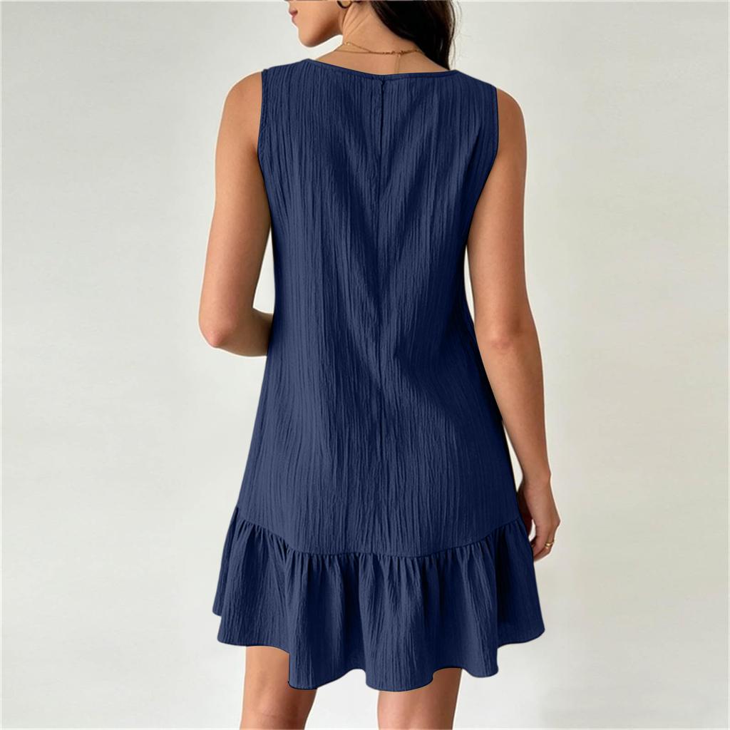 Ärmelloses Falten-Freizeitkleid mit Rüschensaum Knopfdetails Lockere Passform Sommerurlaubskleid für Damen