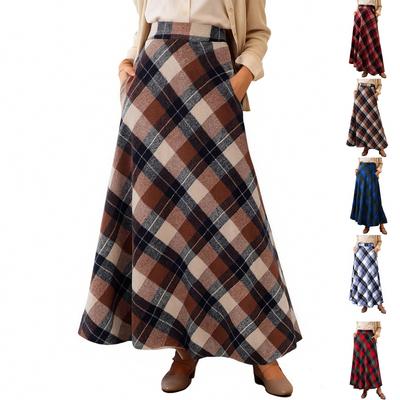 Women's Retro Plaid Maxi Skirt, High-Waisted, Fashionable Casual A-Line Pleated Plaid Floor-Length Skirt