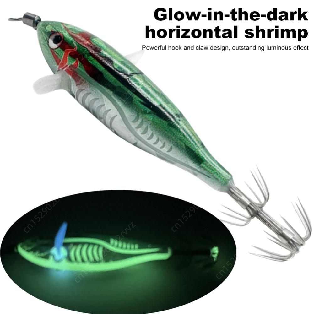 1-3pcs Luminous Floating Egi Lure 5.5g Wood Shrimp Horizontal Laser Squid Jigging Shrimp Hook Octopus Cuttlefish Fishing Baits
