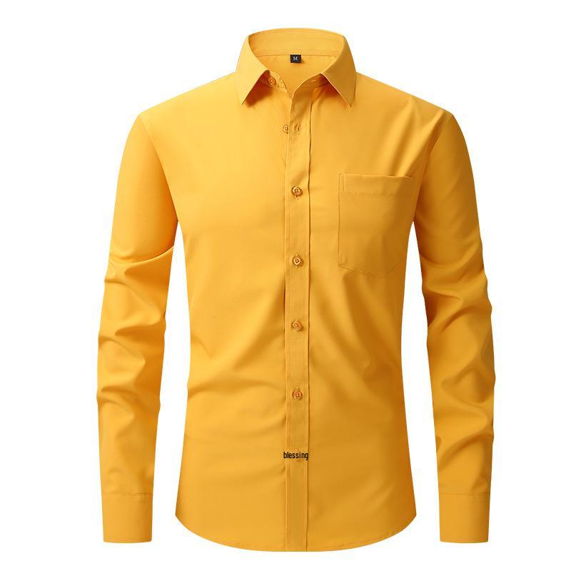 Men's High-End Long-Sleeve Stretch Dress Shirt - European & American Sizes, Solid Color Business Casual Top