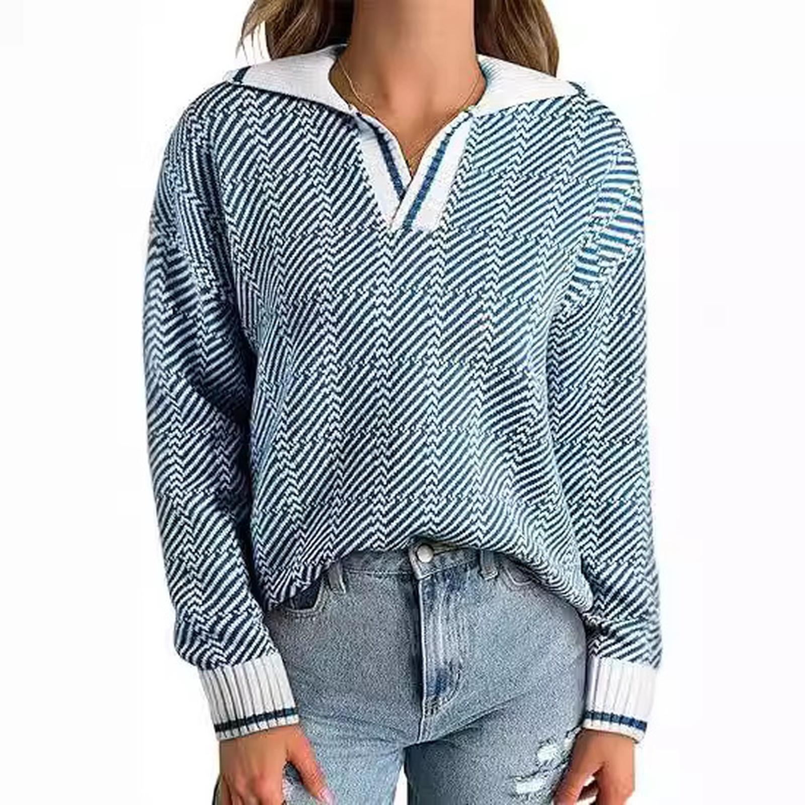 Women s Casual Fashion Knitted Striped Pattern Pullover Lapel Sweater Top XXL синий