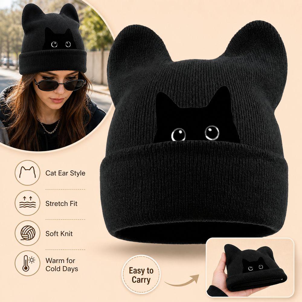 Stretchable Cat Ear Beanie Hat Y2K Harajuku Pullover Hat Fashion Winter Knit Hat Women