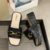 Summer High-heeled Cool Slippers for Women Fashionable Thick Soled Flat Drag Home Anti Slip Simple Gold Buckle