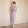 Purple Retro Slimming Cheongsam with Gathered Waist - Seven-Sleeve Design for Young Women In Spring and Autumn