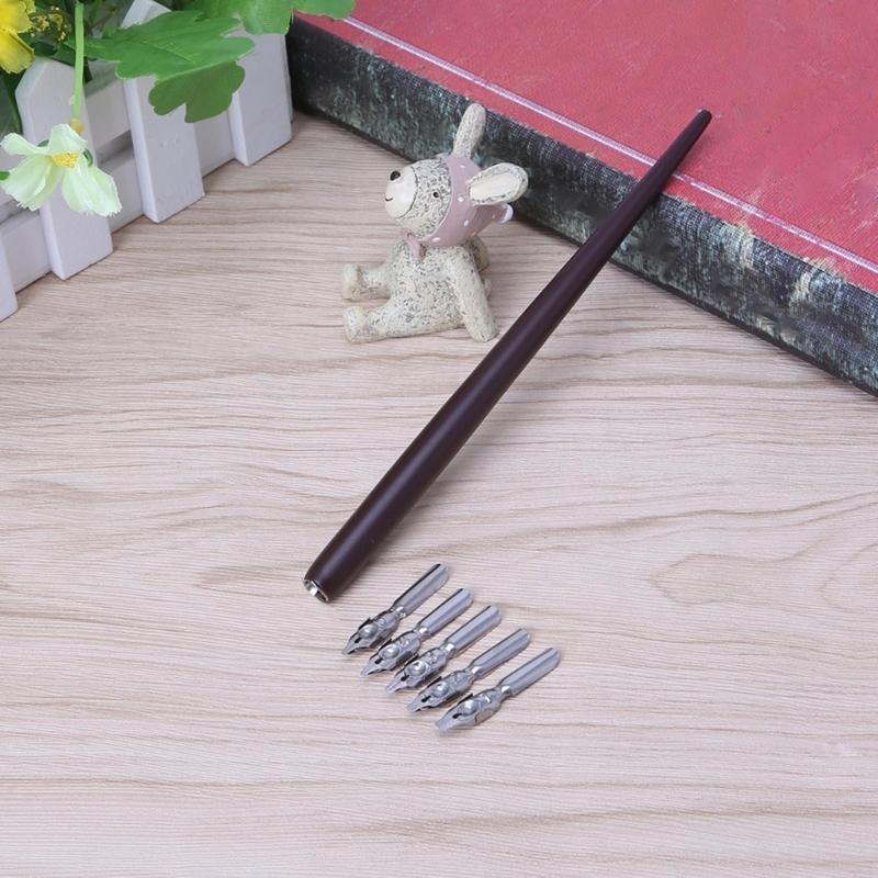 W89C Wooden Dip Pen Holder with 5 Nibs Handwriting Creation Decoration Supplies China Mainland