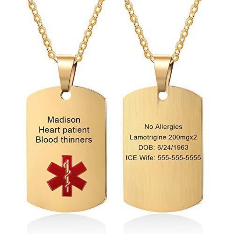 Custom Engraved Stainless Steel Medical Alert Id Tag Pendant Identification Necklace