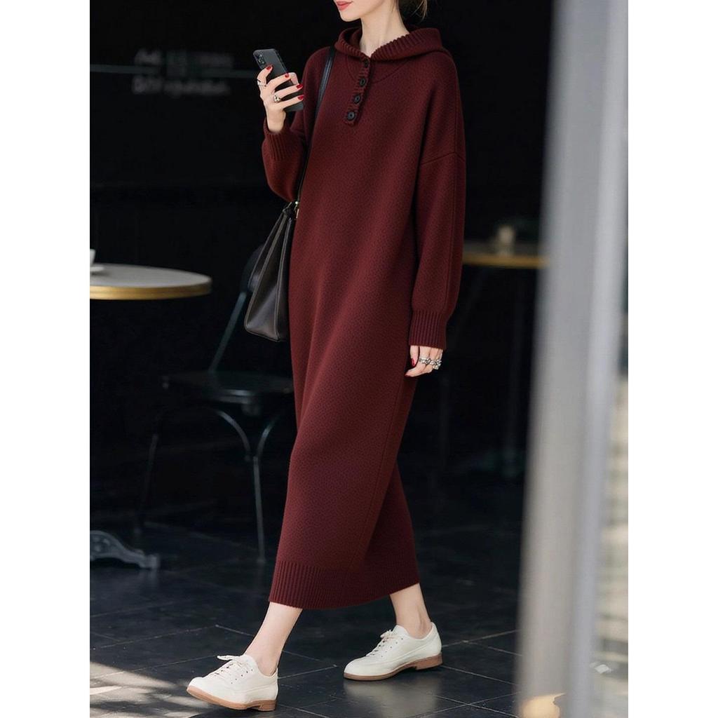 60314 Winter Knit Hooded Long Dress - Plus Size, Loose Fit, Long Sleeve, Over-the-Knee, Stylish for Autumn and Winter