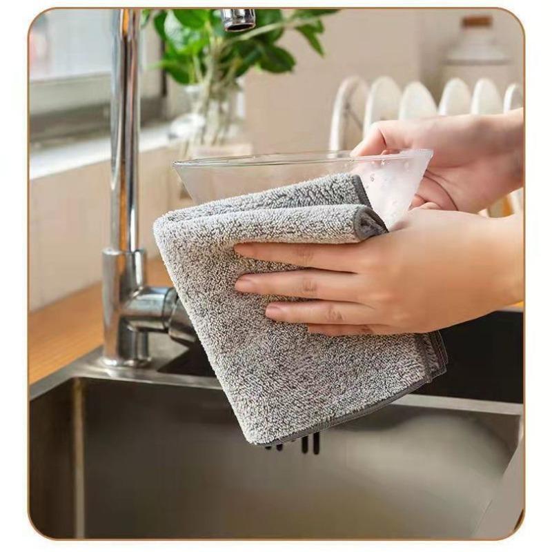 Coral Velvet Bamboo Charcoal Cloth Thickened Kitchen Cloth, Absorbent Scouring Pad Household Cleaning Cloth Degreasing Dishcloth