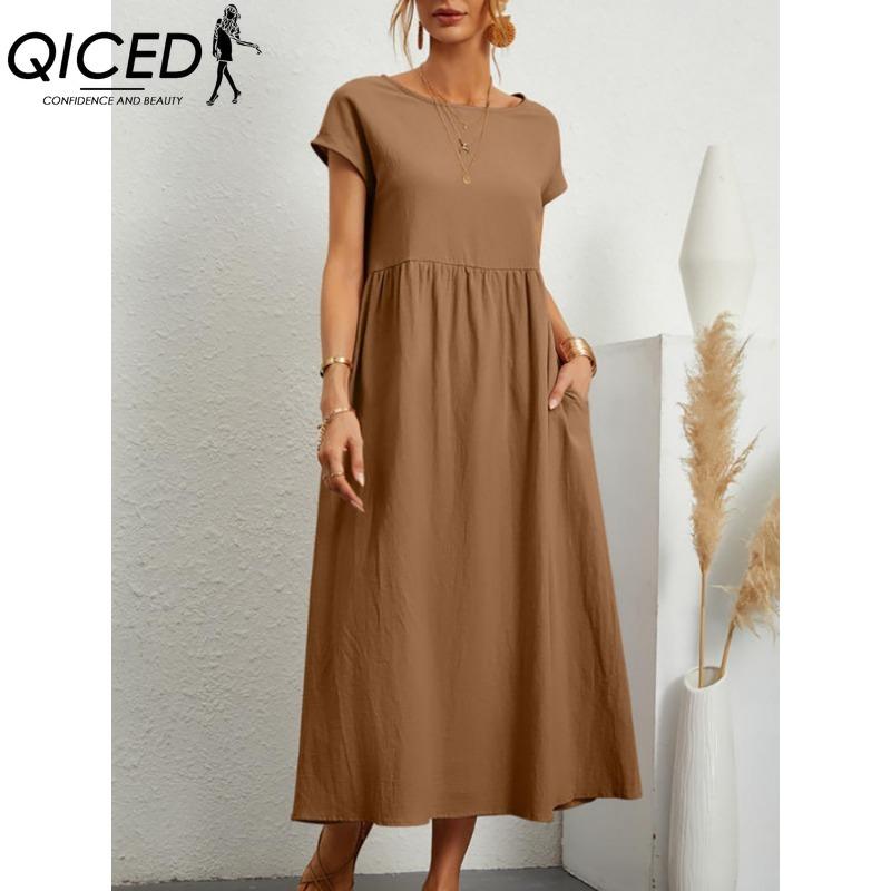 

QICED Женские Модные Летние Весенние Однотонные Платья с Принтом, с Коротким Рукавом и Круглым Вырезом, Повседневные XXL темные хаки